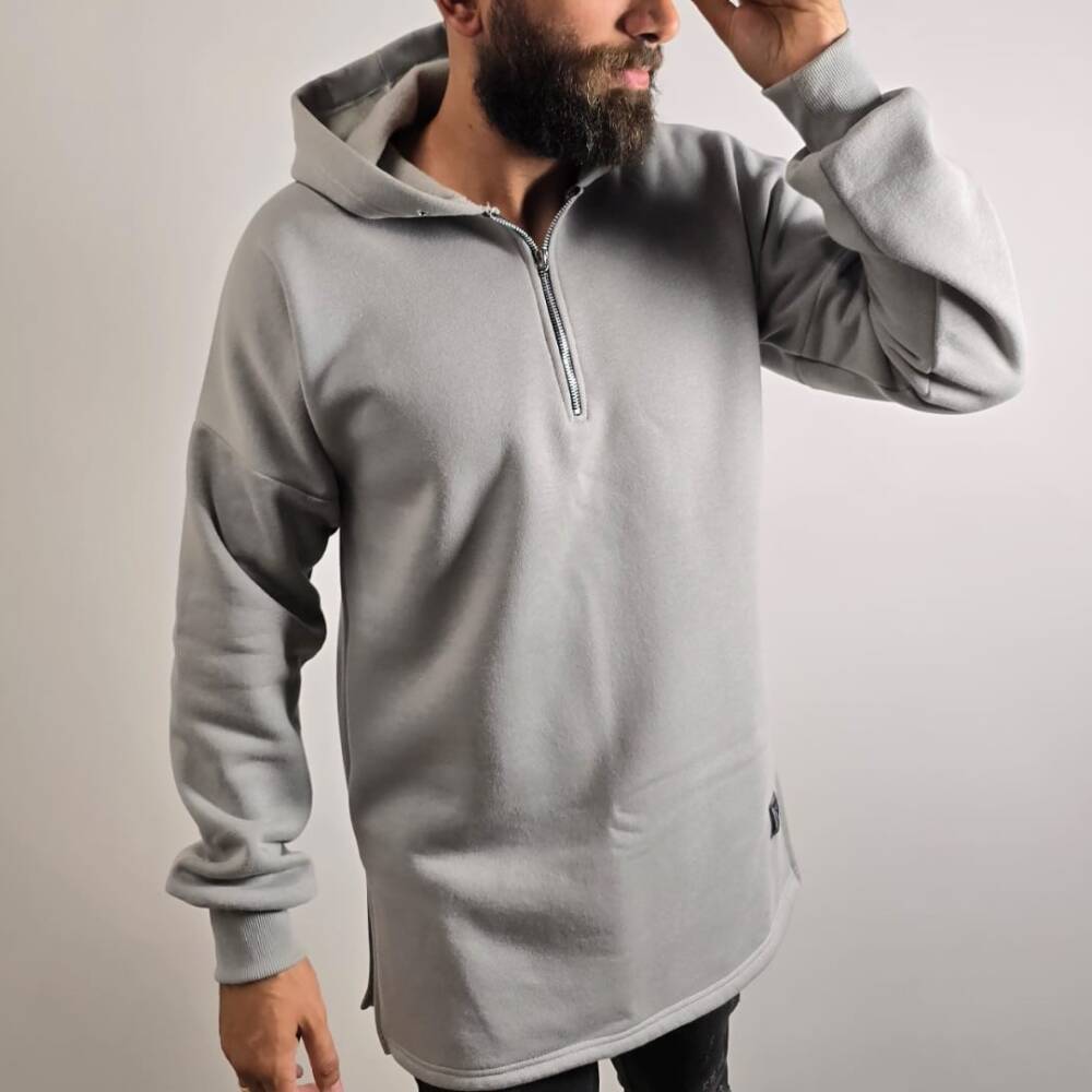 Oversized longline side splits mid zipper hoodie
